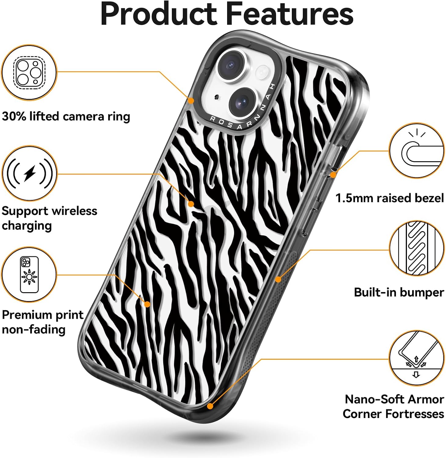 Rosarnnah for iPhone 13 / iPhone 14 Case Cute - Military-Grade 20 ft Drop Protection Shockproof Phone Case - Funny Black Zebra Print Design (6.1") Black