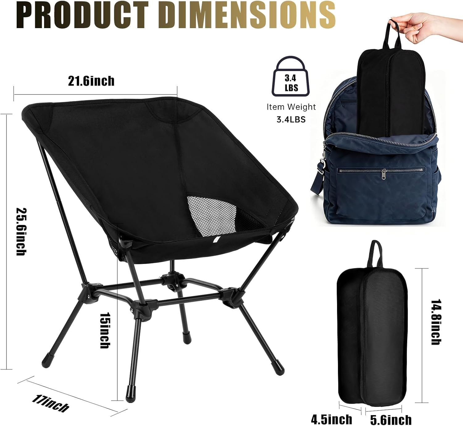 Ultralight Folding Camping Chair, 2-in-1 Height Adjustable, Square Frame for Stability, Quick Setup for Hiking Beach Fishing Motorcycle Travel