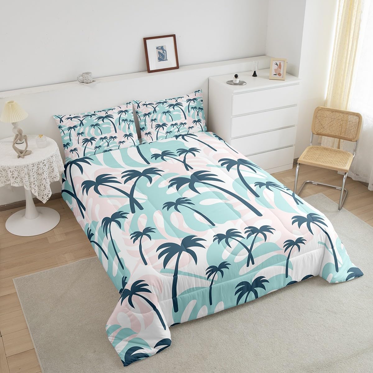 Feelyou Coconut Tree Bedding Set Twin Size Coconut Palm Comforter Set for Kids Adult Boys Girls Blue Green Duvet Set Botanical Plant Quilt Set 2Pcs