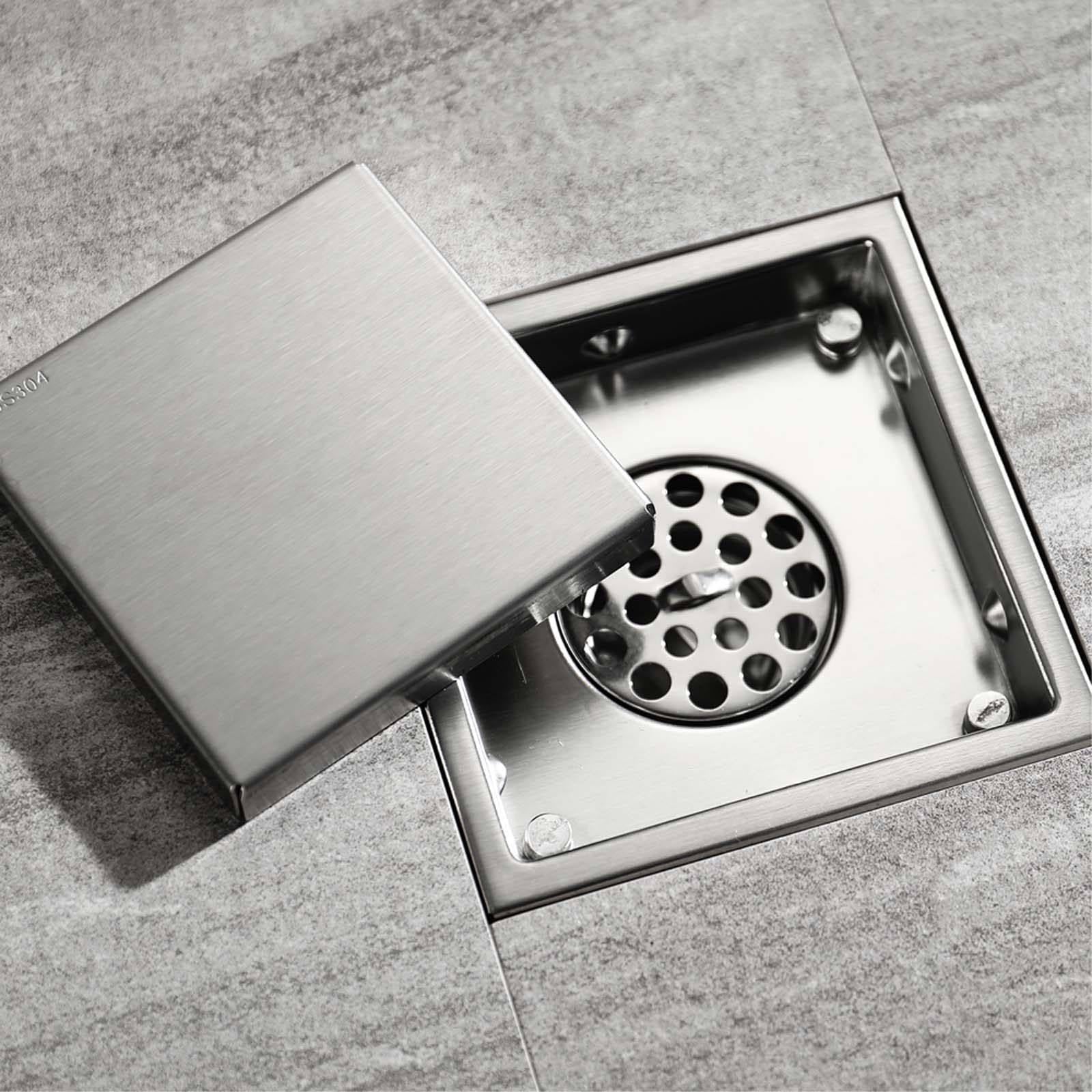 Bonde Douche Acier Inoxydable Siphon Douche Carré Bonde de Douche Caché Bonde Douche Extra Plate Couleur Brossée Siphon de Sol 150 * 150mm Convient pour Balcon, Salle de Bain, Cuisine