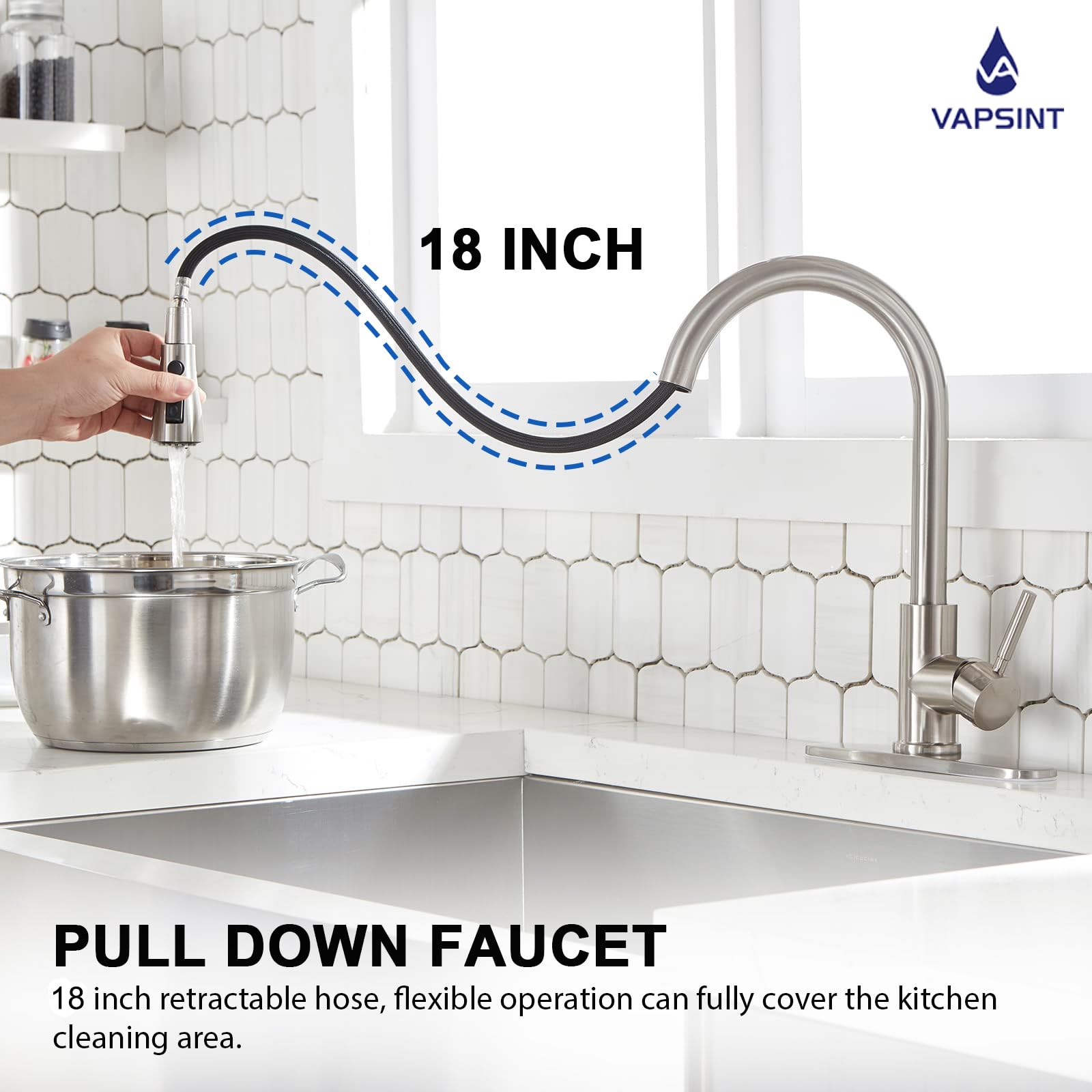 VAPSINT Grifos de cocina, grifo de cocina de níquel cepillado con rociador extraíble, grifos de cocina extraíbles de arco alto, grifos de fregadero de cocina comercial para granja, caravana, caravana