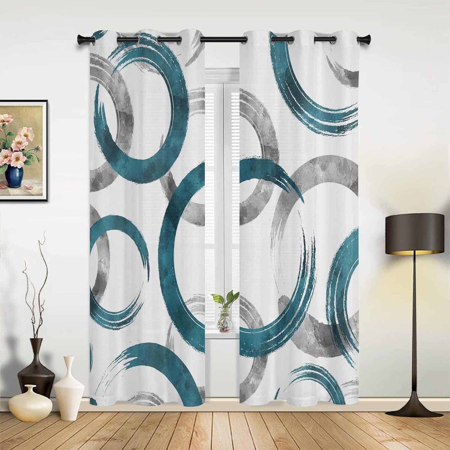 2 Panels Kitchen Curtains 84 Length for Laundry, Living Room, Teal Gray Geometric Teen Boys Room Curtains Window Drapes with Grommet Top, Modern Oil Painted Abstract Art 84W x 84L Inch
