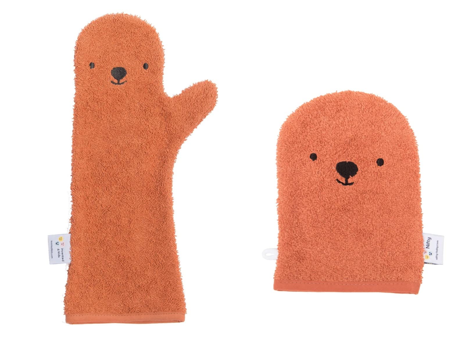 Guante de ducha para bebé + manoplas en juego, colores coloridos con caras de animales (marrón con cara de oso)