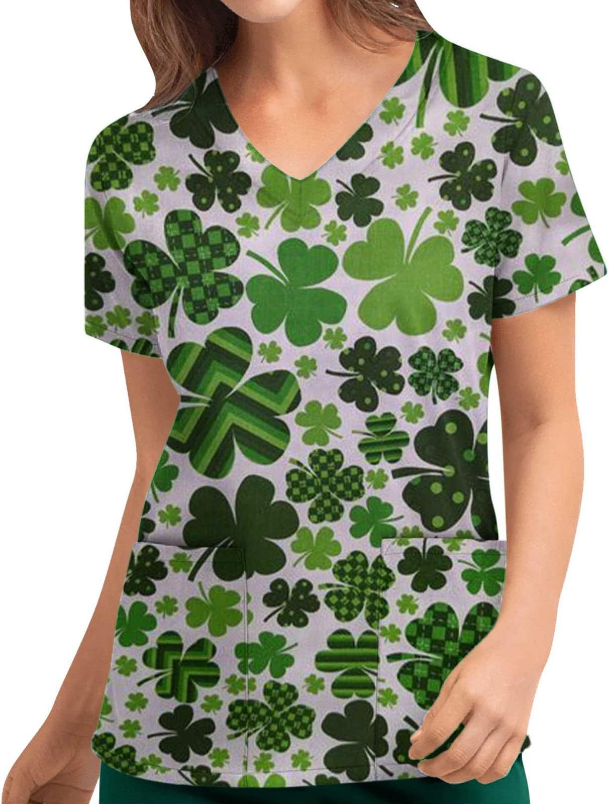 Scrub_Tops for Women, St. Patrick's Day Printed V-Neck Working Uniform Workwear Tops with Pockets