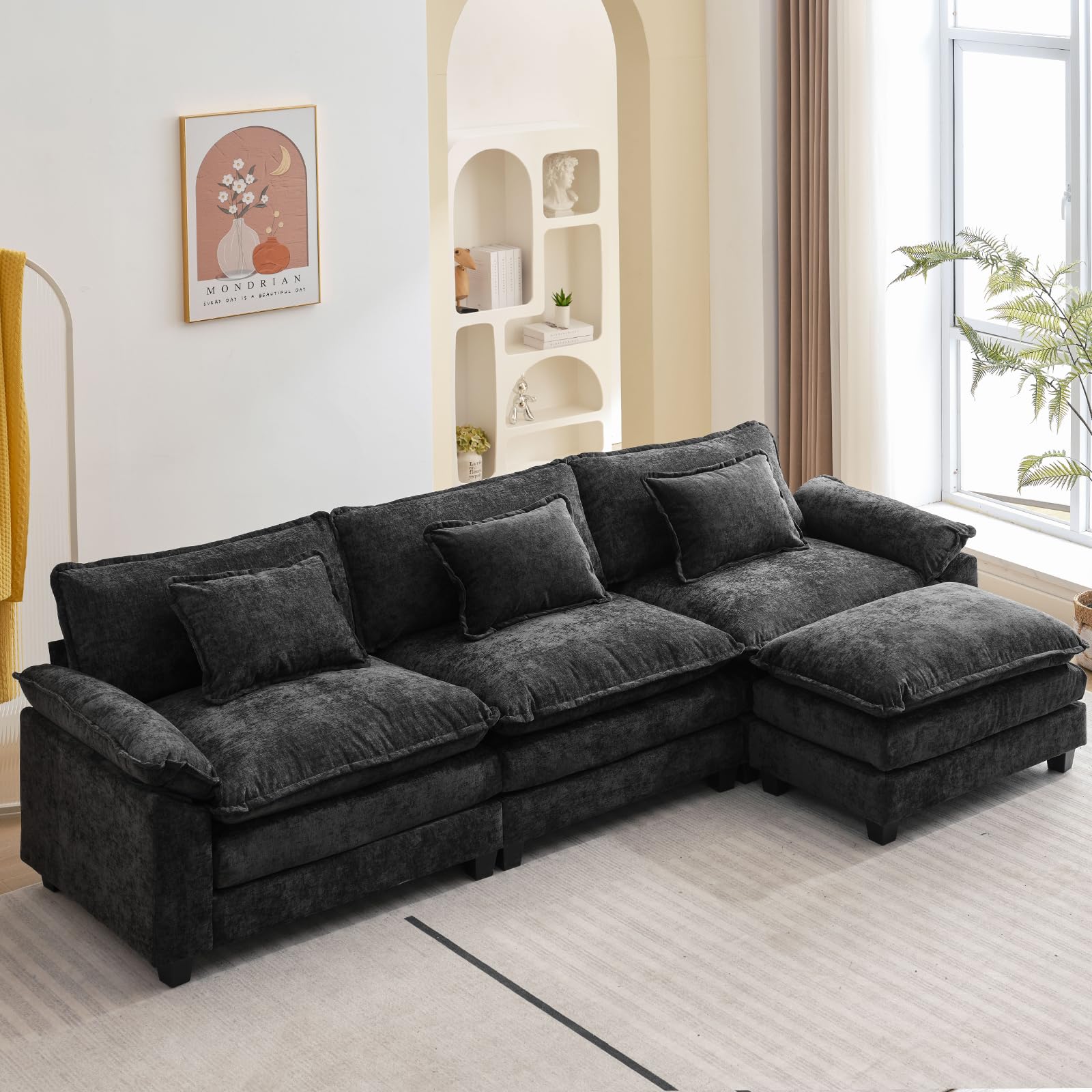 Oprisen 120" Modular Sectional Sofa, Comfy Cloud Couch Sectional Sofa with Ottoman, Chenille Sofa Sleeper Deep Seat Sofa with Throw Pillows for Living