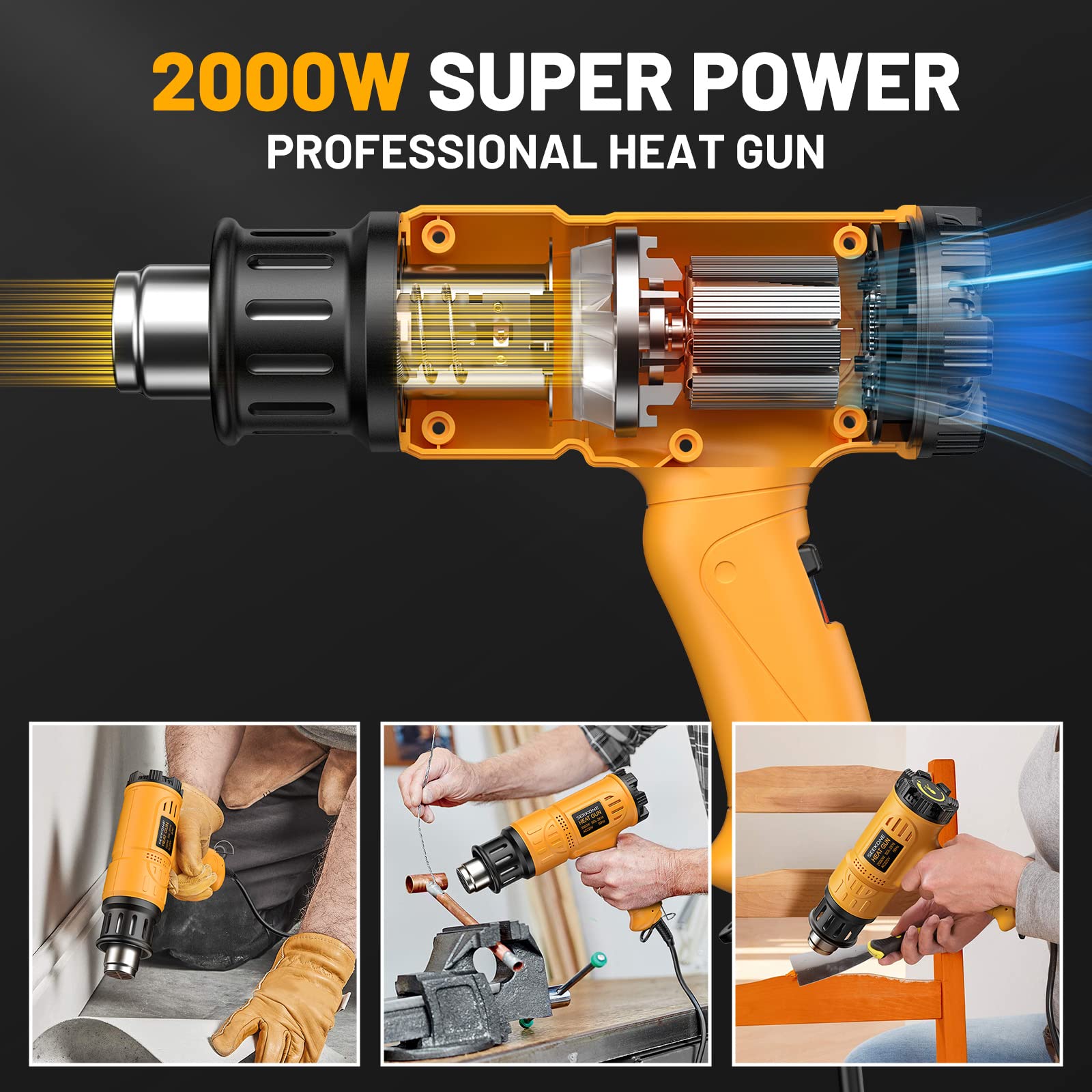 SEEKONE Heißluftpistole 2000W Kit mit Werkzeugkoffer, 50-600°C, 190-500L/min, 5 Düsen, Überlastschutz