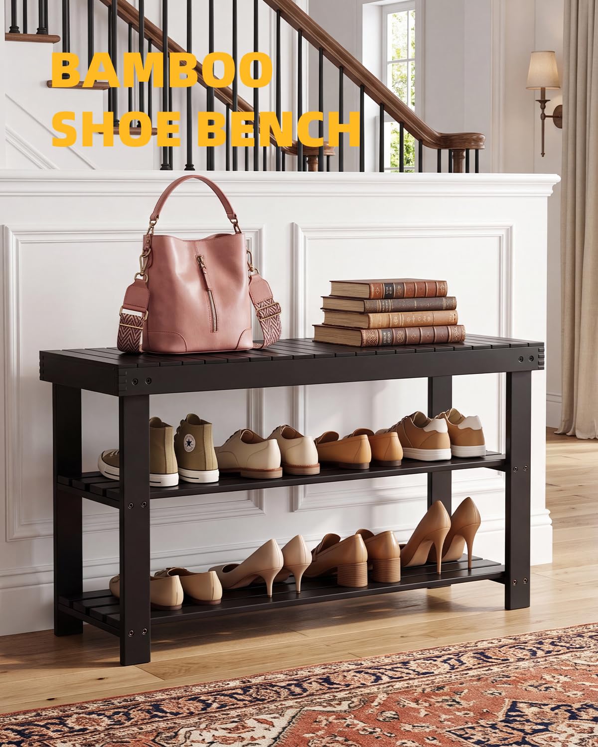 SMIBUY Schuhbank, Schuhregal aus Bambus, Schuhschrank mit Sitzbank, Schuhständer mit 3 Ablagen, Stabil Standregal ideal für Flur, Eingang, Bad, Wohnzimmer, Diele, Schwarz