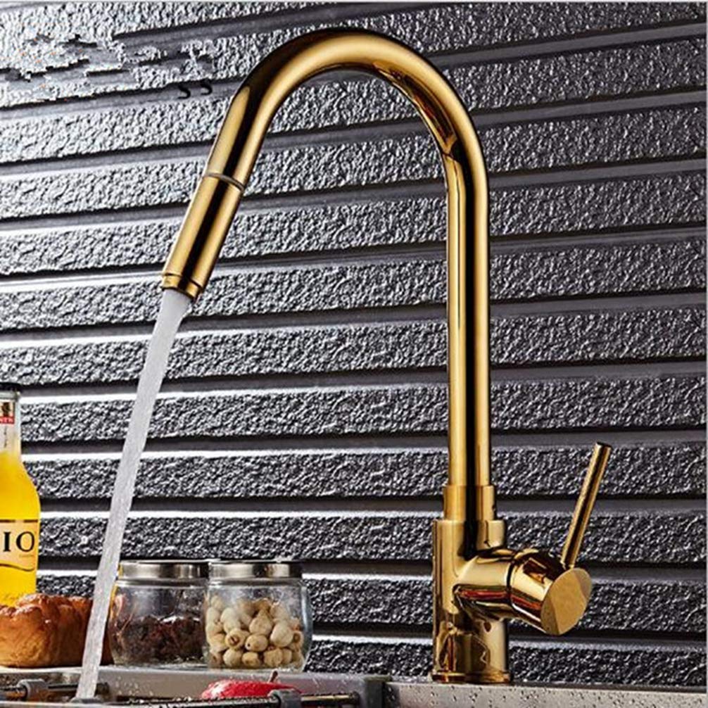 ZYCHSJXA Pull Out Kitchen Faucet Black Oil Brushed/Gold/Chrome 360 Degree Swivel Sink Mixer Tap Vanity Cozinha,Gold