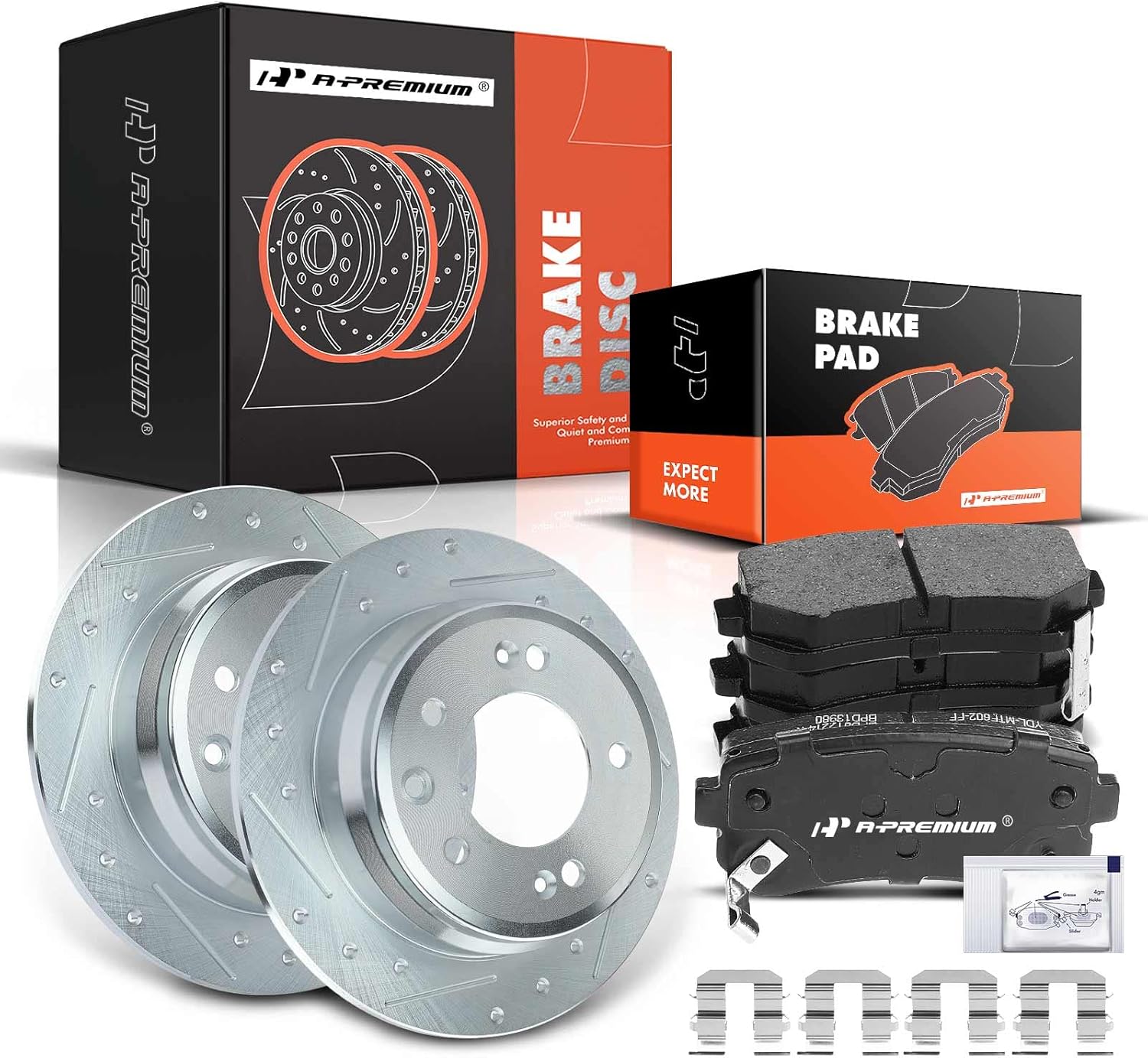 A-Premium 10.31 inch (262mm) Rear Drilled and Slotted Disc Brake Rotors + Ceramic Pads Kit Compatible with Select Hyundai and Kia Models - Elantra 2011-2012, Tucson 2010-2015, For Sportage 2011-2016