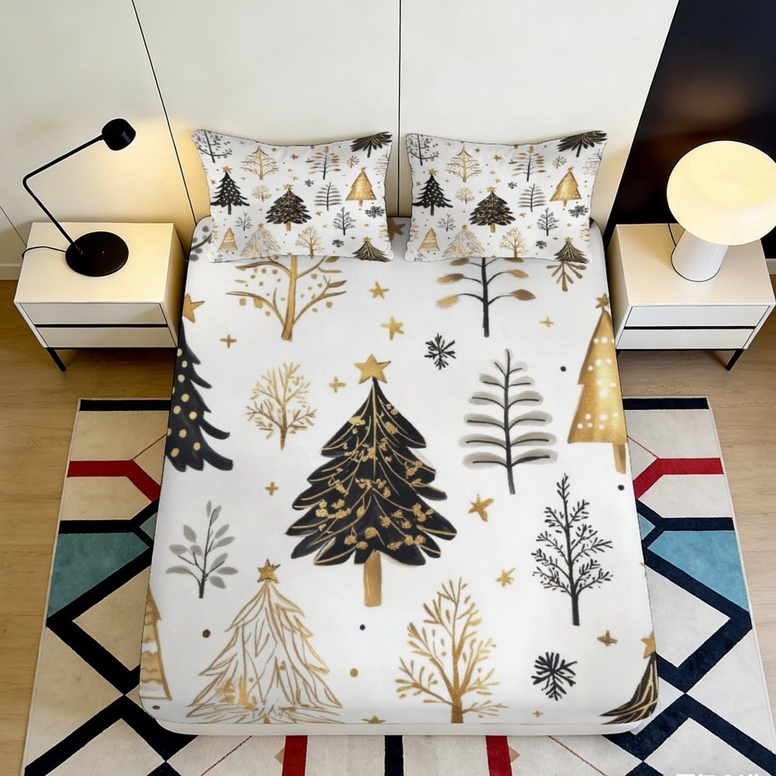 3D Printed Nordic Christmas Tree Fitted Sheet Microfiber Non-Slip Deep Pocket Christmas Mattress Fitted Cover Full Wrap Washable 90x200x25cm