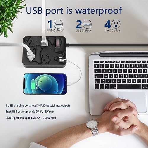Miniatura 3 de Regleta de alimentación para exteriores resistente a la intemperie con USB C, protector de sobretensiones impermeable con 4 tomacorrientes, toma de