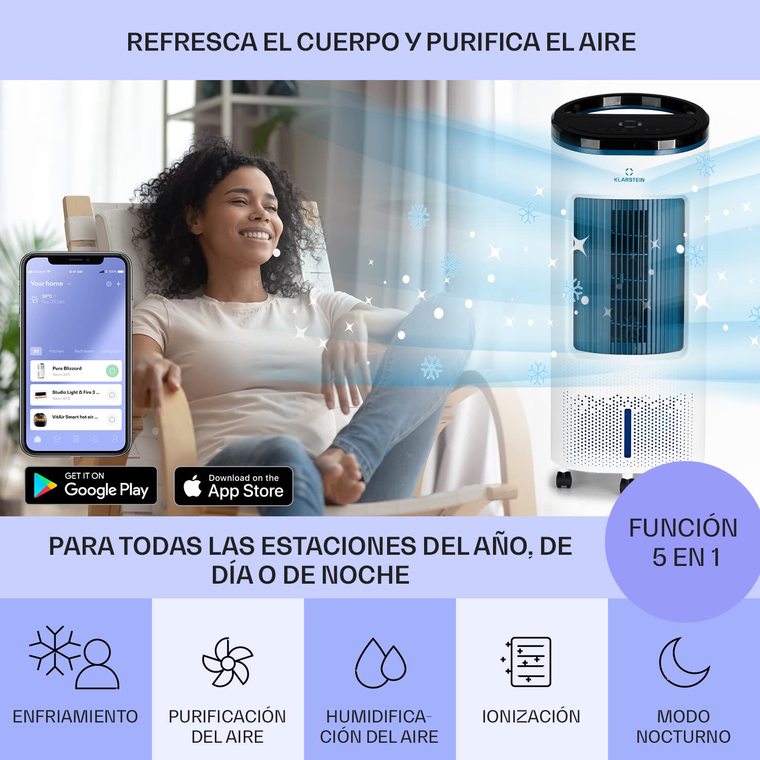 Klarstein IceWind Plus Climatizador Evaporativo – 4 en 1: Ventilador, Enfriador, Humidificador & Purificador, 330 m³/h, Control App & Alexa, Silencioso, Depósito 7L, Azul metalizado/Blanco
