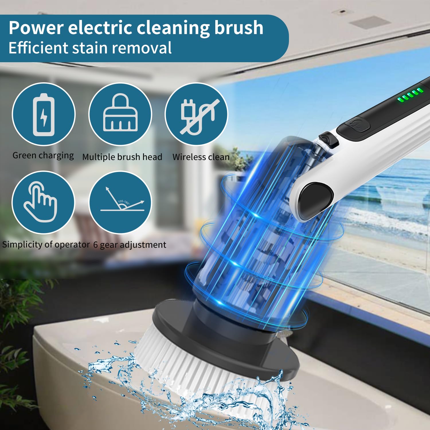 Spazzola Elettrica Senza Fili – 8 Testine, 5 Velocità, Manico Regolabile 125 Cm, Per Bagno, Cucina, Auto, Pavimenti