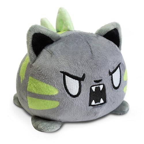 TeeTurtle Reversible Cat/Catzilla Plushie 4-Inch Gray + Glow Two-Sided Flip Plush Toy with Embroidered Details - Cute Mini Collectible Plush for Kids, Teens, and Adults
