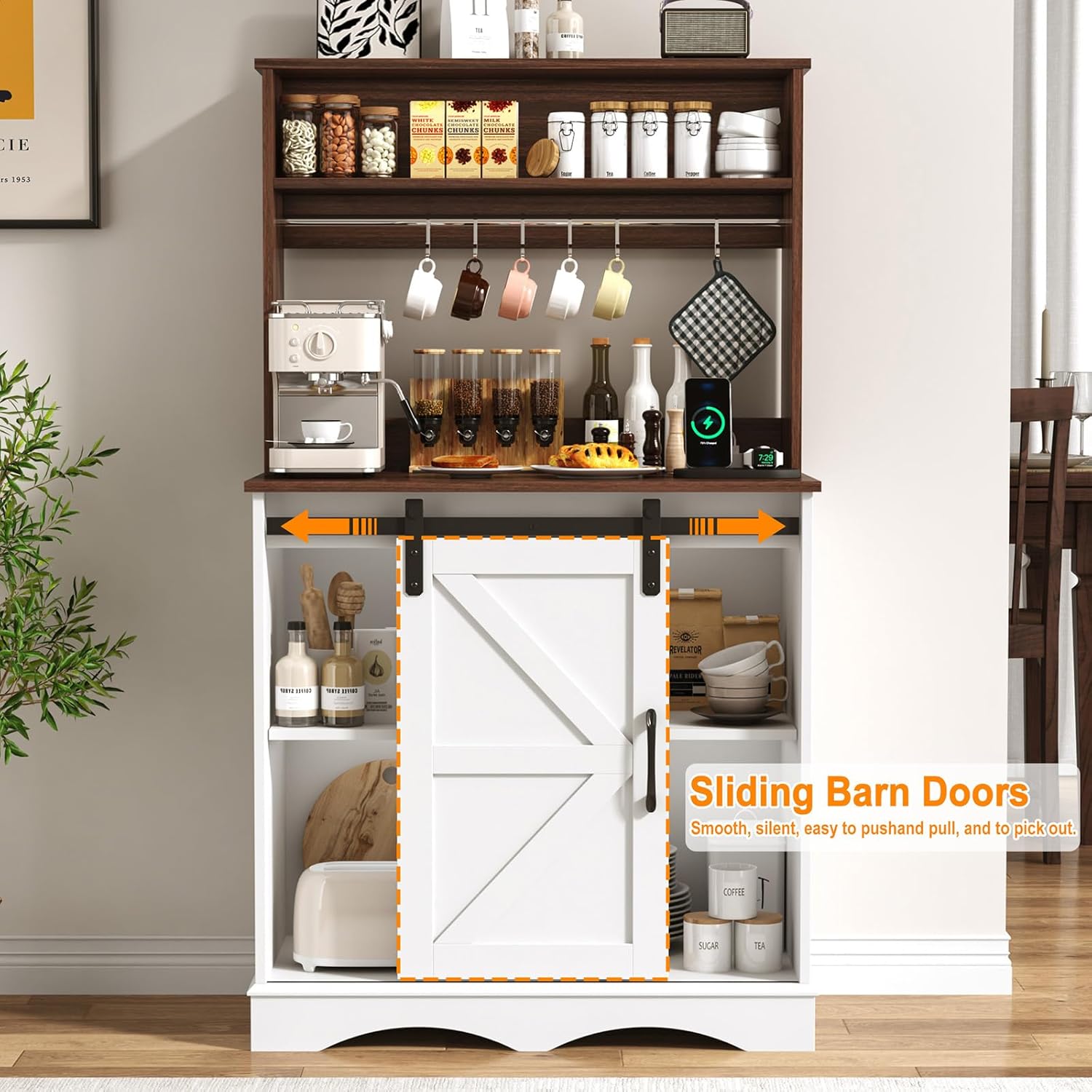 HOMFAMILIA 55.1" H Farmhouse Coffee Bar Cabinet w/Storage Hutch, Kitchen Coffee Station w/Charging Station, 6 Hook-s, Rustic Buffet Cabinet w/Sliding Barn Door&Adjustable Shelf for Kitchen, White