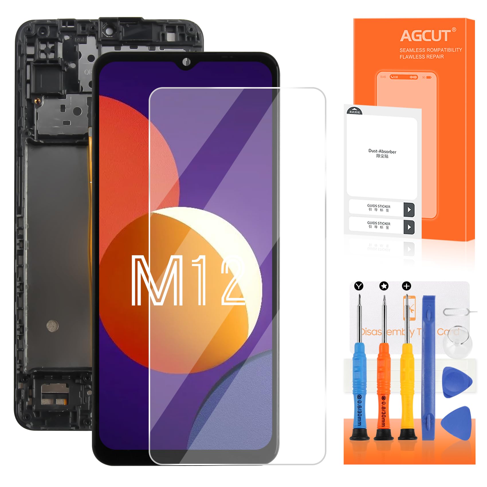 Pantalla LCD para Samsung Galaxy M12 LCD Pantalla para Galaxy M12 SM-M127F/DSN de 6,5 Pulgadas Display Screen Replacement Digitalizador Pantalla Táctil con Herramientas (Negro con Marco)