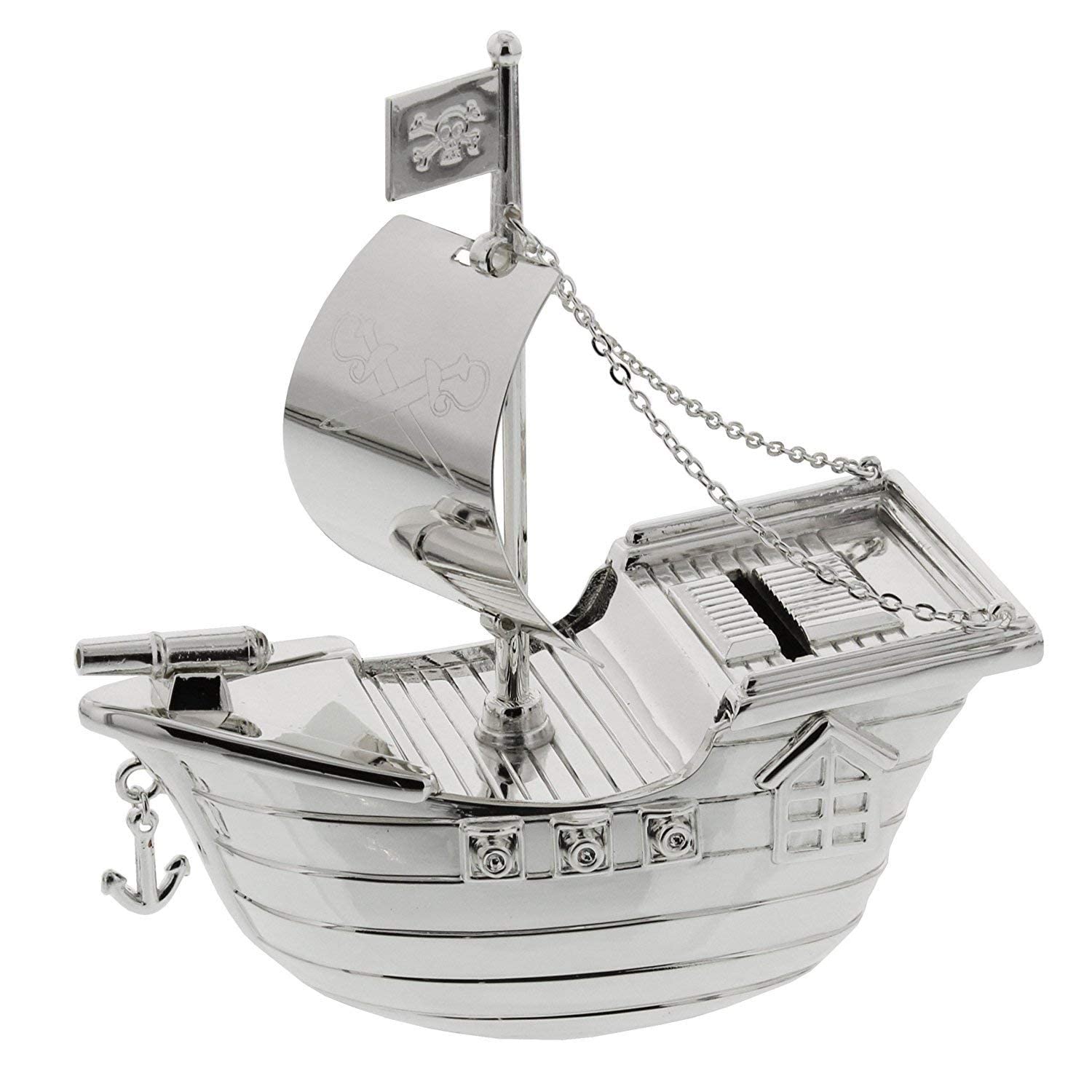 [Custom] Personalised Engraved Silver-plated Pirate Ship Bank Money Box Christening / Birthday / Baby Gift