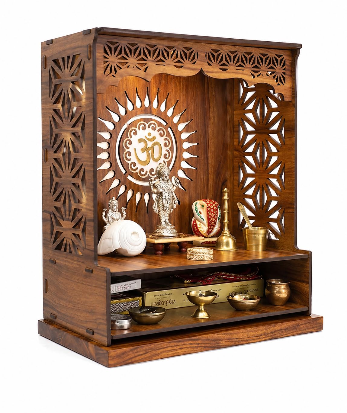 SUANI Wooden Temple for Home Wall Mounted & Floor Stand Pooja Mandir with Aum Pattern, Engineered Wood LED in-Built Puja Stand for Home Office, Easy Assembly Modern Mandir Design (17" X 15" X 7.5")-image-24