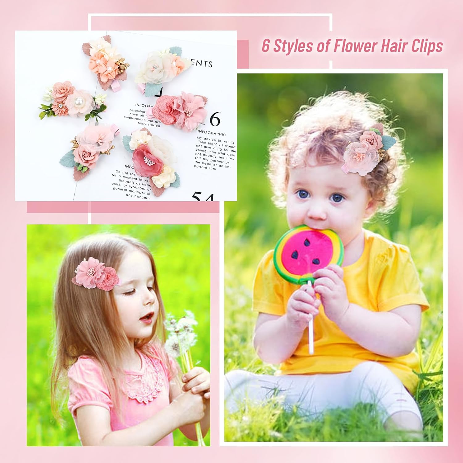6 Pieces Delicate Handmade Rose Flower Hair Bows Fully Lined Alligator Hair Clips Floral Hair Barrettes Accessories for Baby Girls Toddlers Kids Teens Women (6PCS S8) - Image 5