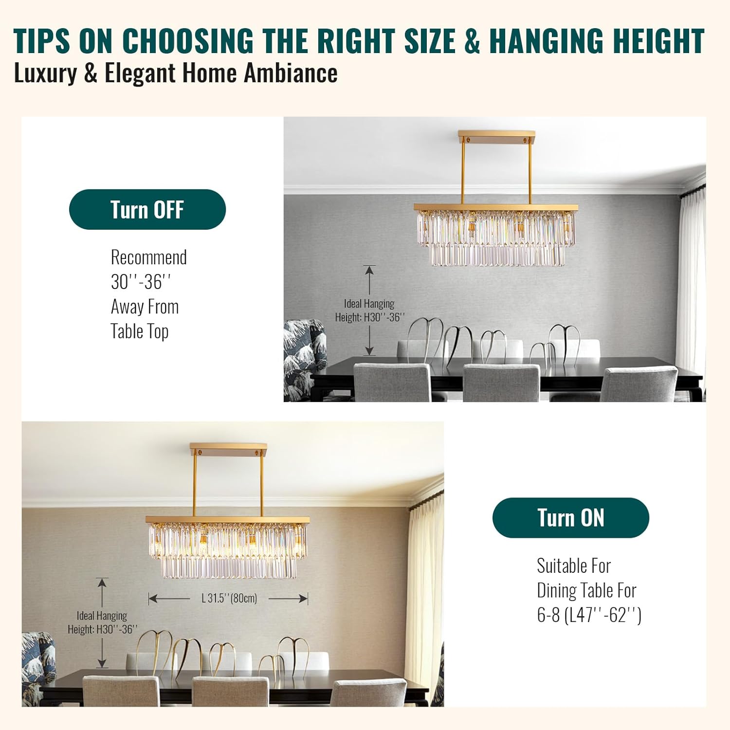 Siljoy Rectangular Gold Crystal Chandelier for Dining Room, 8-Light Modern K9 Crystal Raindrop Chandelier, Luxury Crystal Ceiling Light for Living Room Kitchen Island L31.5'' x W10'' x H10''