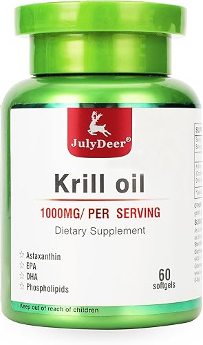 Aceite de krill antártico de 1000 mg con omega-3 EPA, DHA, astaxantina y fosfolípidos, 60 cápsulas blandas, sin regusto a pescado para