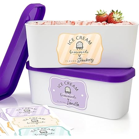 Set of 2 Reusable Ice Cream Tub Containers For Homemade Ice Cream 1.6 Quart Ea. - Perfect for Sorbet, Frozen Yogurt Or Gelato - Stackable Storage Containers, Stickers And Lids Stores Easily In Freezer