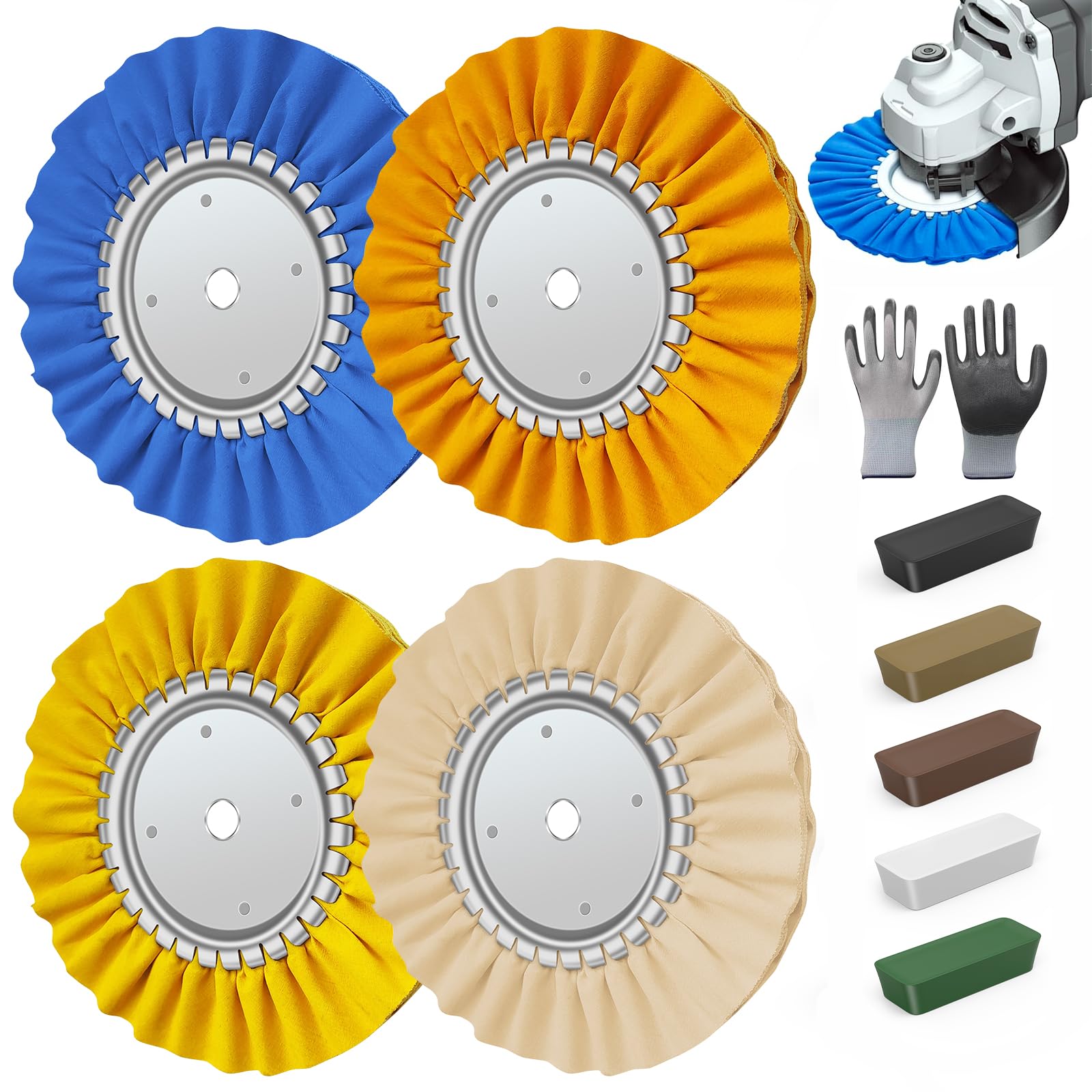 5/8” Arbor 8” 12Ply Airway Buffing Wheel Kit – 11Pcs Polishing Set for Aluminum & Stainless Steel – No Flange Needed – Gloves Included
