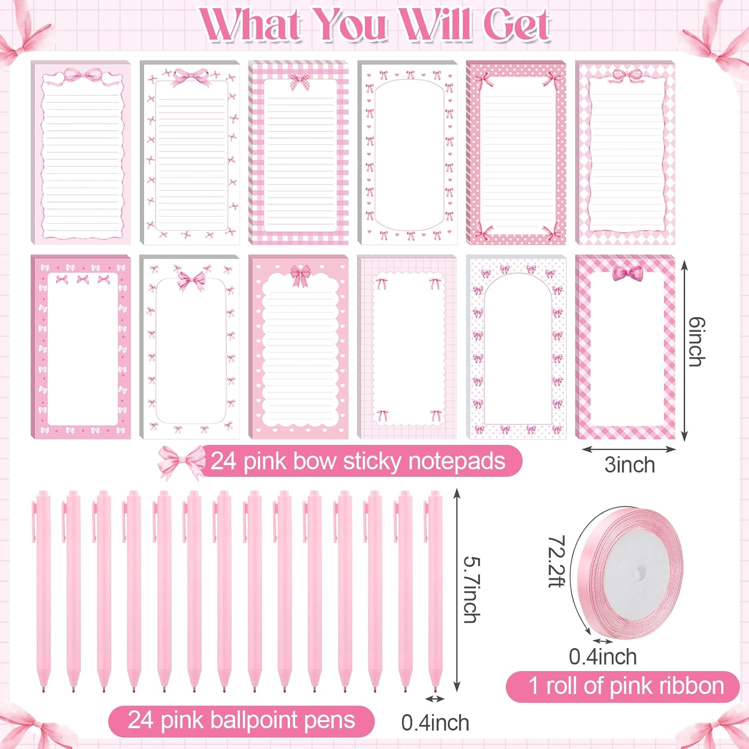 Thenshop 48 Pcs Pink Bow Sticky Notes and Pens Set Pink Notes Preppy Aesthetic Self Stick Notepads Ballpoint Pens for Coquette Supplies Bow Party Favors - Image 3