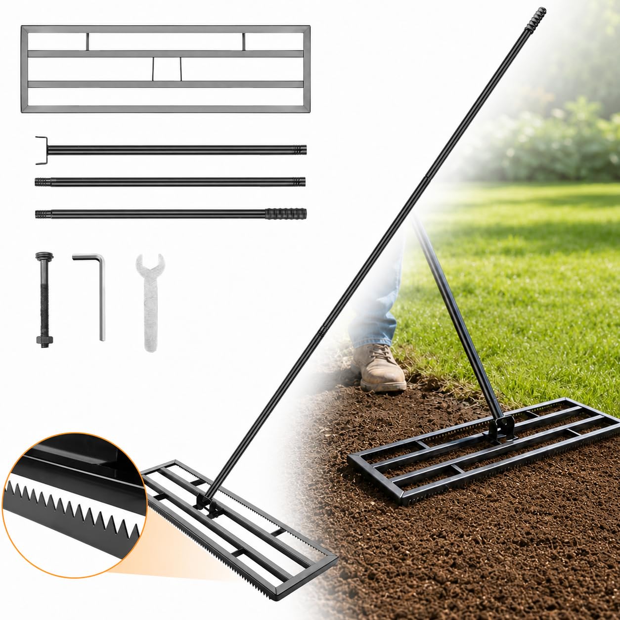 Rasen Nivellierrechen 43x25cm mit Gezahnte Seite und 199 cm Langer Griff, 2-In-1 Rasen-Nivelliergerat aus Eisen, Rasenrechen Leveling Rake für Garten/Hof/Golfplatz, Einebnen von Sand und Erde