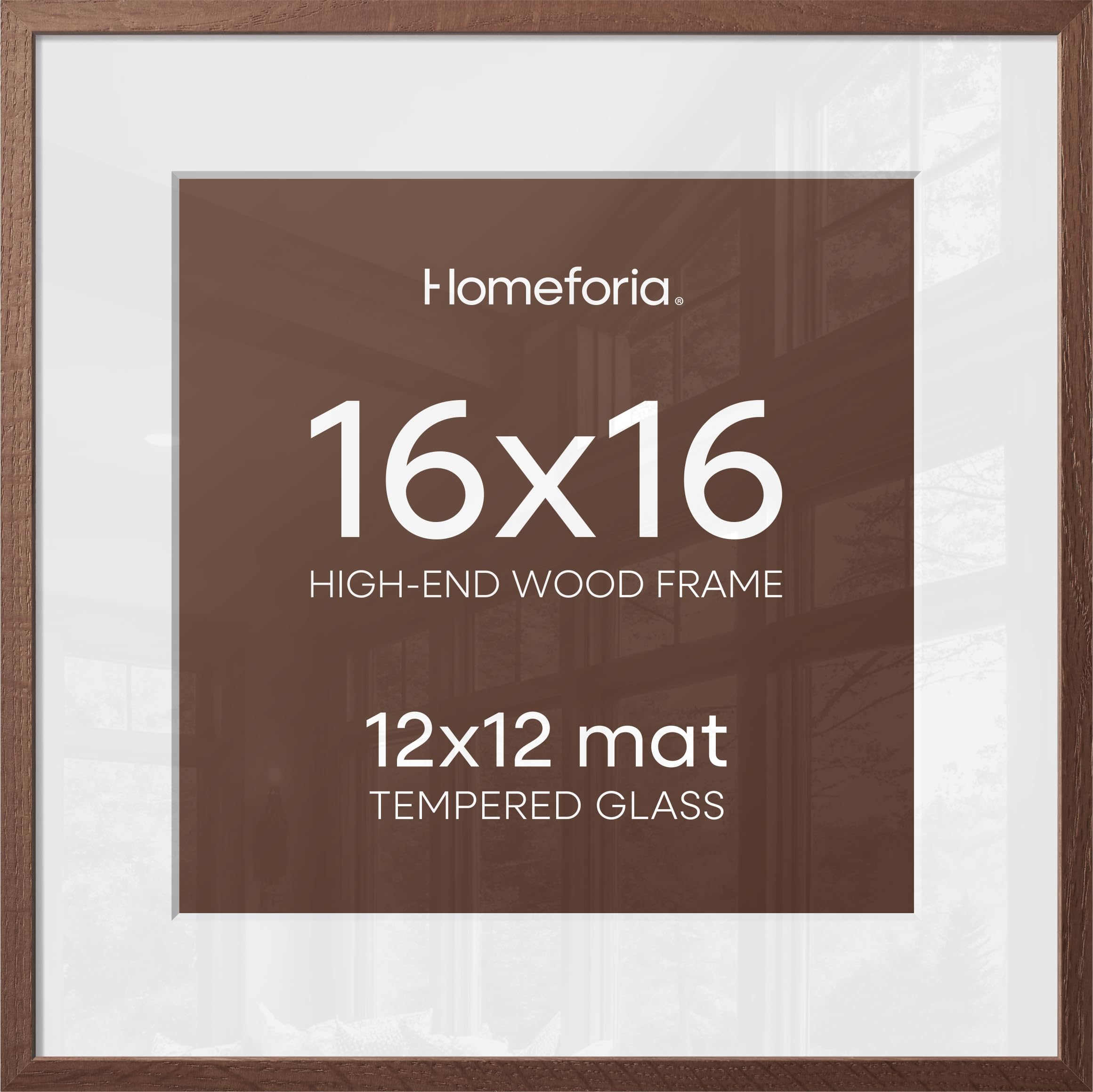 Homeforia 16x16 Brown Picture Frame, High End Dark Oak 16 x 16 Square Wood Frame with Mat 12 x 12 for Photo, 16by16 Wooden Walnut Poster Frame Matted to 12x12 Print, Tempered Glass, Wall Kit, Set of 3