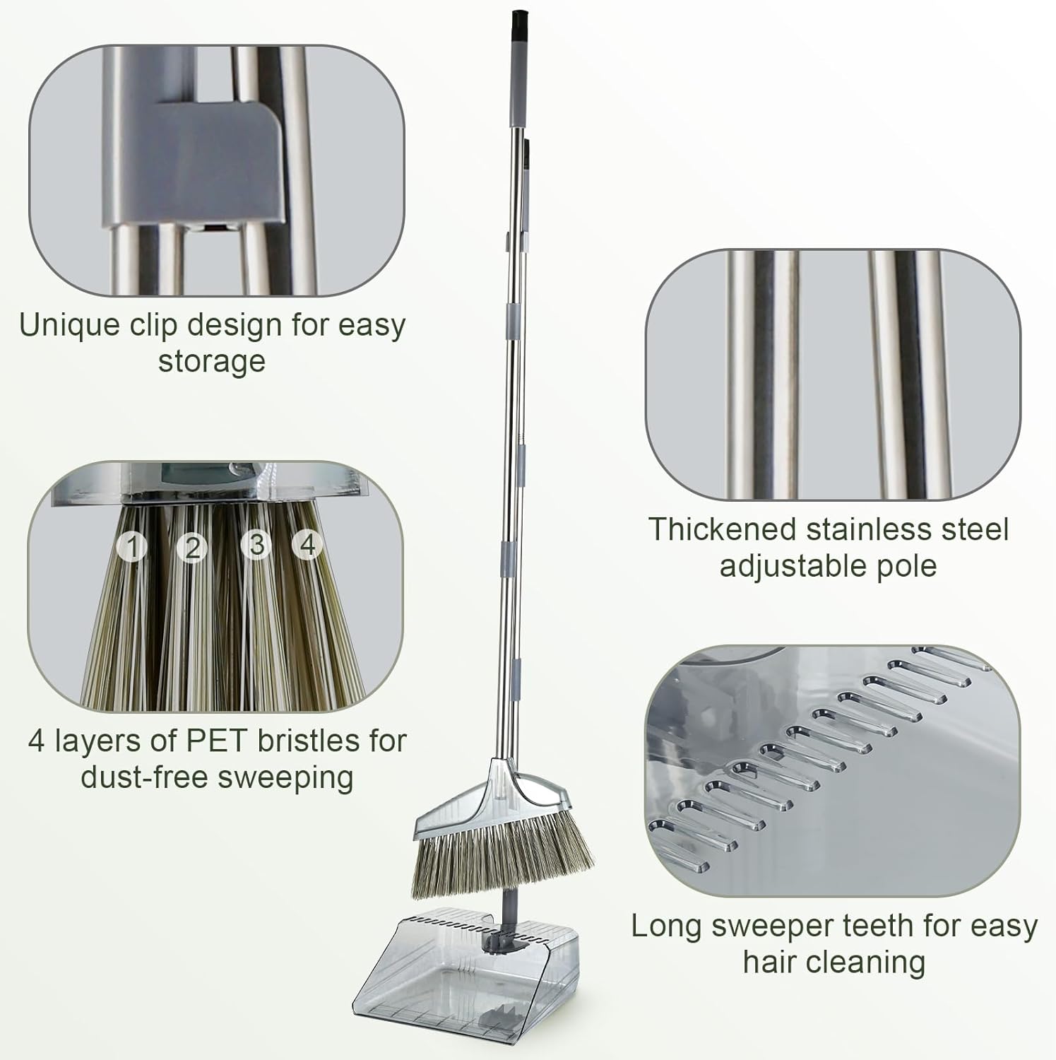 Broom with Dustpan Combo Set, Broom and Dustpan Set with Long Handle, Kitchen Broom for Sweeping Indoor Outdoor, Standing Dust Pan and Brush Broom Set for Home Office Lobby Floor Cleaning, Grey - Image 3