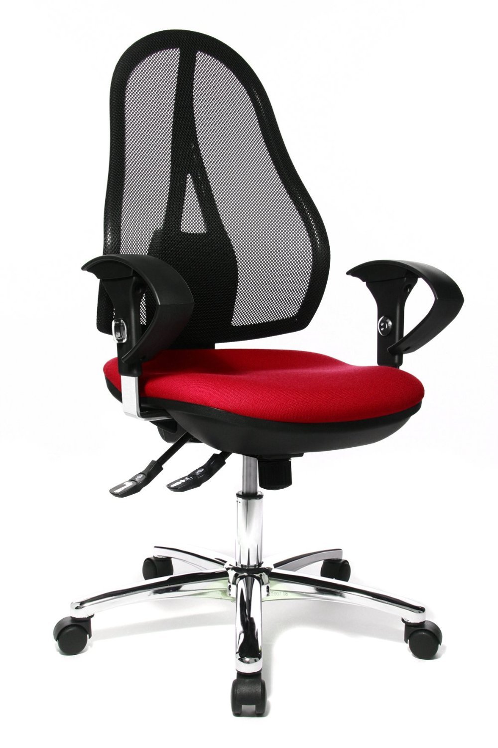 Topstar Open Point SY Deluxe, ergonomischer Syncro-Bandscheiben-Drehstuhl, Bürostuhl, Schreibtischstuhl, inkl. Armlehnen (höhenverstellbar), Stoff, rot