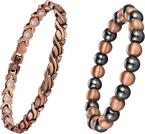Feraco Pulsera magnética de cobre puro para mujer, 0.315 in, 99.99% de cobre sólido y 3500 cuentas de hematita magnética Gauss, pulsera elástica