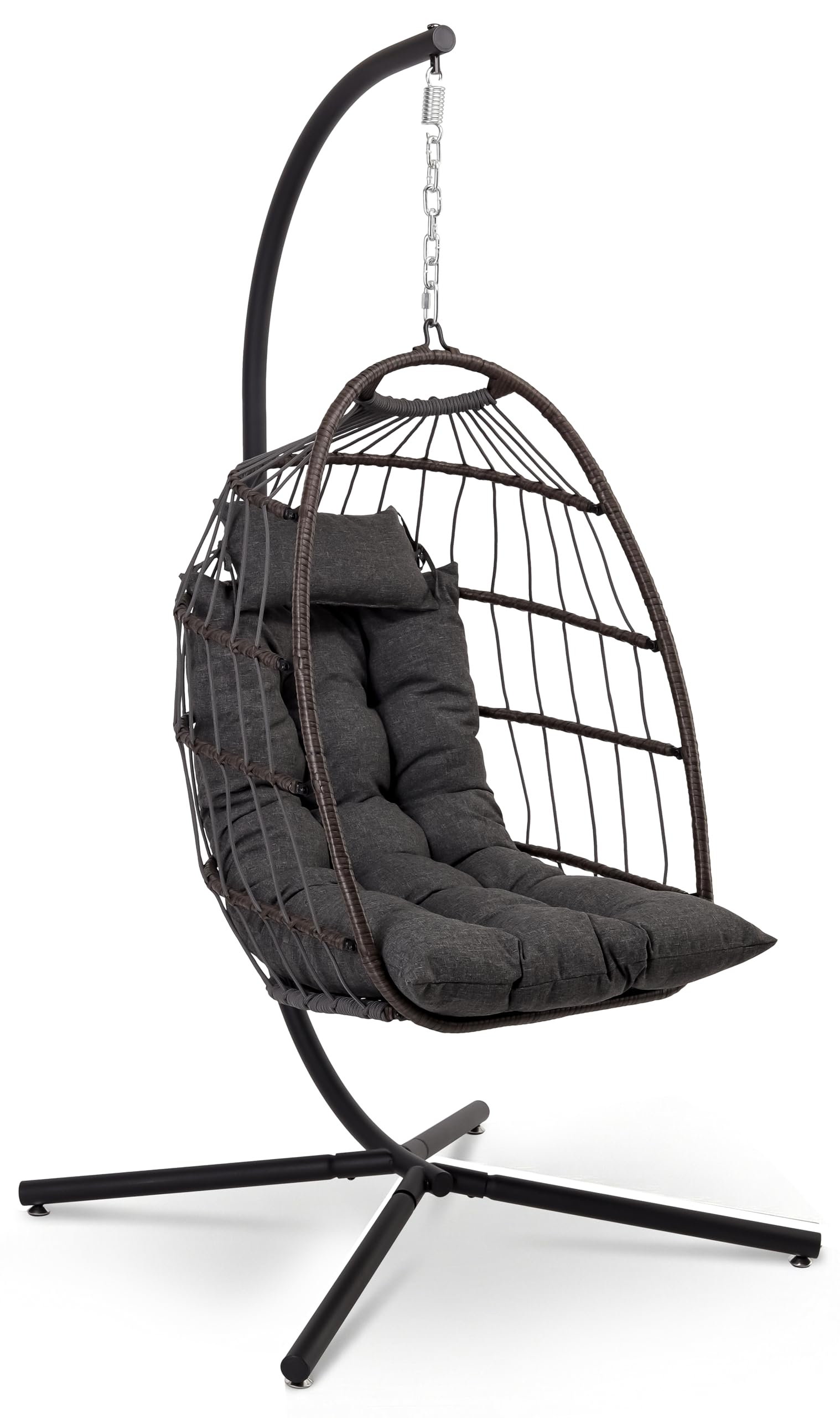 SereneLife Hanging Egg Chair with Stand - Wicker Rattan Outdoor Swing Chair, Powder-Coated Steel Frame, Padded Cushion & Headrest - Ideal Swinging Chair for Bedroom, Patio, Backyard - 350 lbs Load