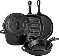 Asderote 6-Piece Pre-Seasoned Cast Iron Cookware Set: 5QT Dutch Oven, 8'' & 10.25'' Skillets, Griddle, Grill Pan - Versatile for Kitchen & Camping