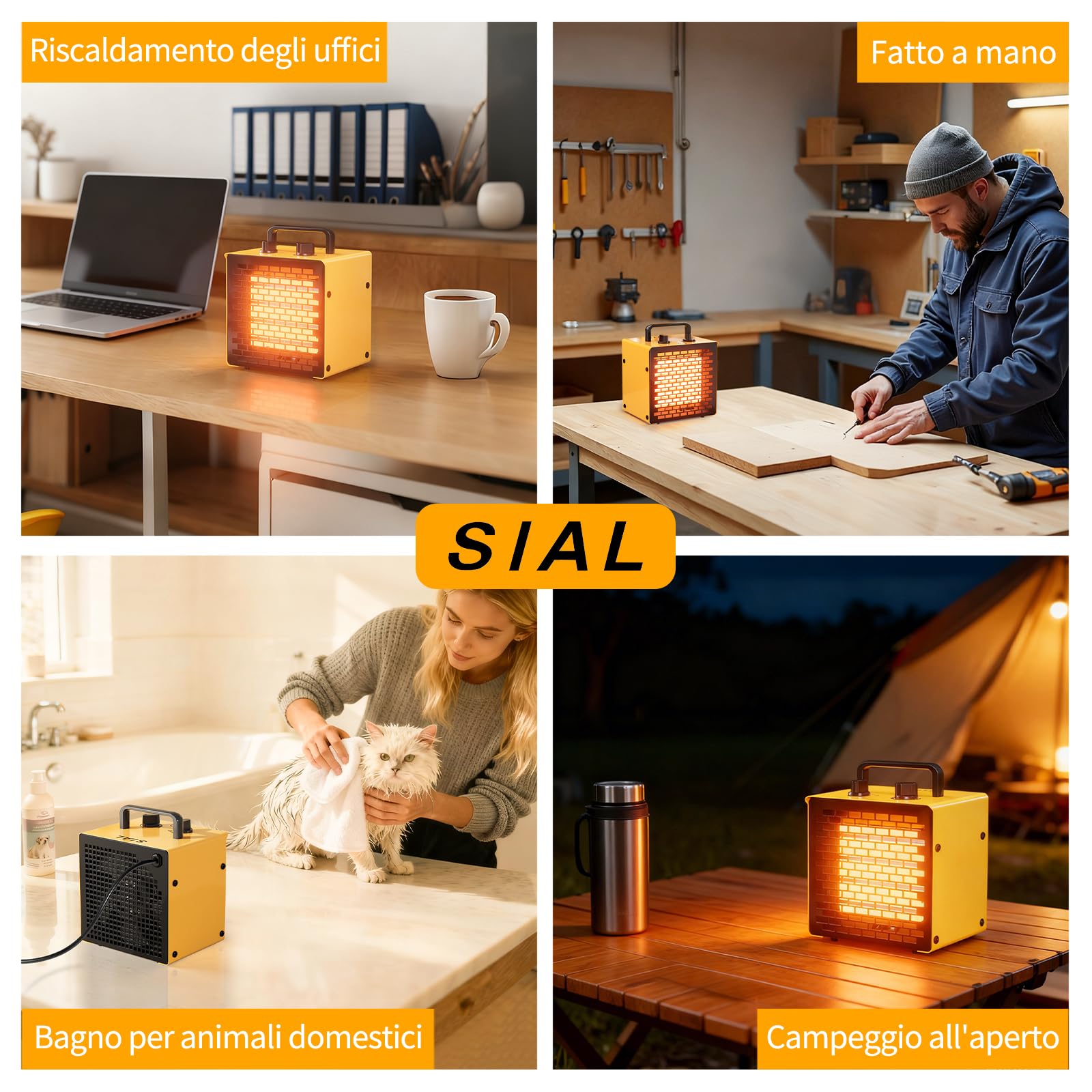 SIAL Termoventilatore Ceramico 2000W - Stufetta Elettrica - Compatto Riscaldamento Industriale - con Termostato e Protezione da Surriscaldamento, Per bagno o officina