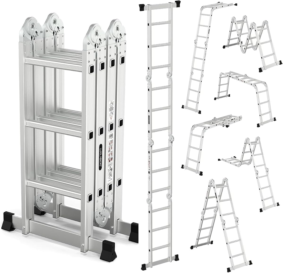 12.5 FT Folding Ladder, Aluminum Multi-Position 7-in-1 Ladder, Heavy Duty Combination Ladder, EN131 Standard, 330 lbs Capacity (12.5 Ft)