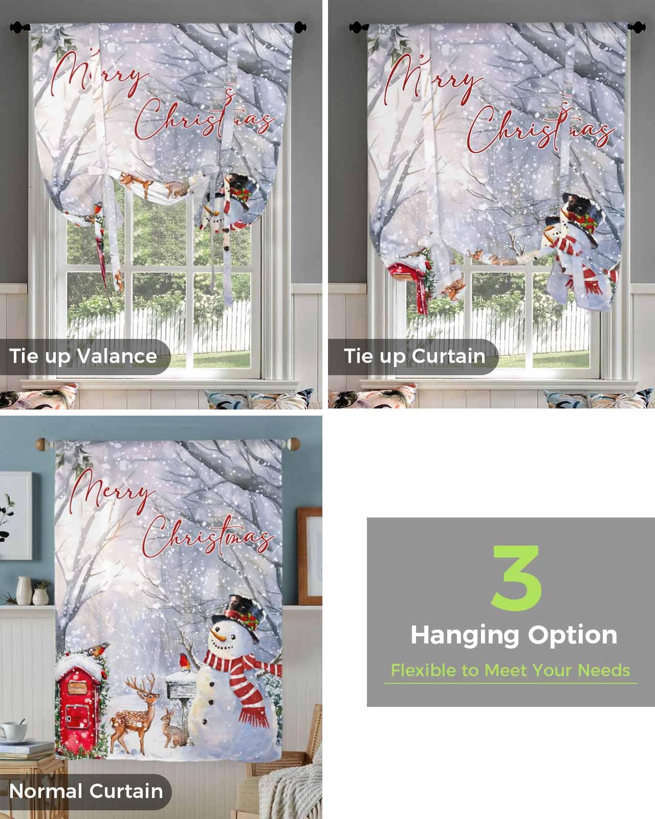 MISHKIN Merry Christmas Snowman Tie Up Curtain for Window Blackout Balloon Valance Curtain for Bathroom Winter Xmas Elk Bunny Birds Adjustable Window Shade for Kitchen Living Room Bedroom 34