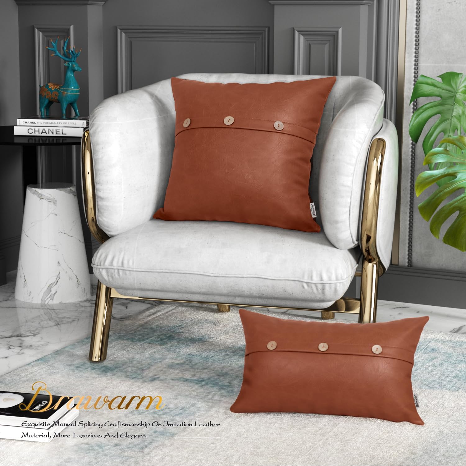BRAWARM Leather Throw Pillow Covers 22 X 22 Inches - Cognac Faux Leather Pillow Cover with Triple Button, Farmhouse Decorative Leather Pillows for Couch Sofa Bed Home Garden