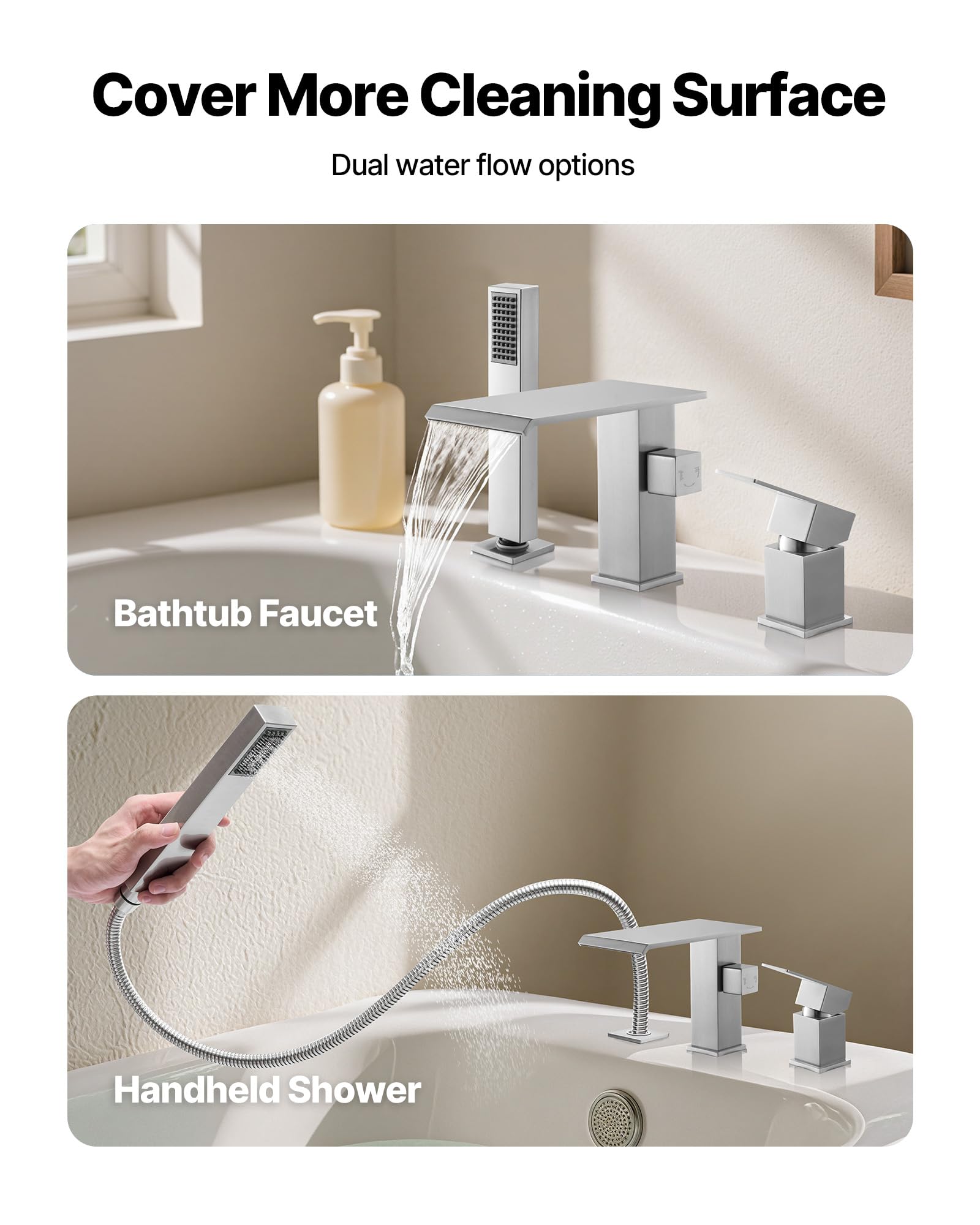 VEVOR Rubinetto per Vasca da Bagno con 3 Fori, Rubinetto con Doccetta 1 Maniglia, Miscelatore da Bagno in Acciaio Inossidabile Spazzolato con Doppia Opzione di Flusso Acqua Calda Acqua Fredda