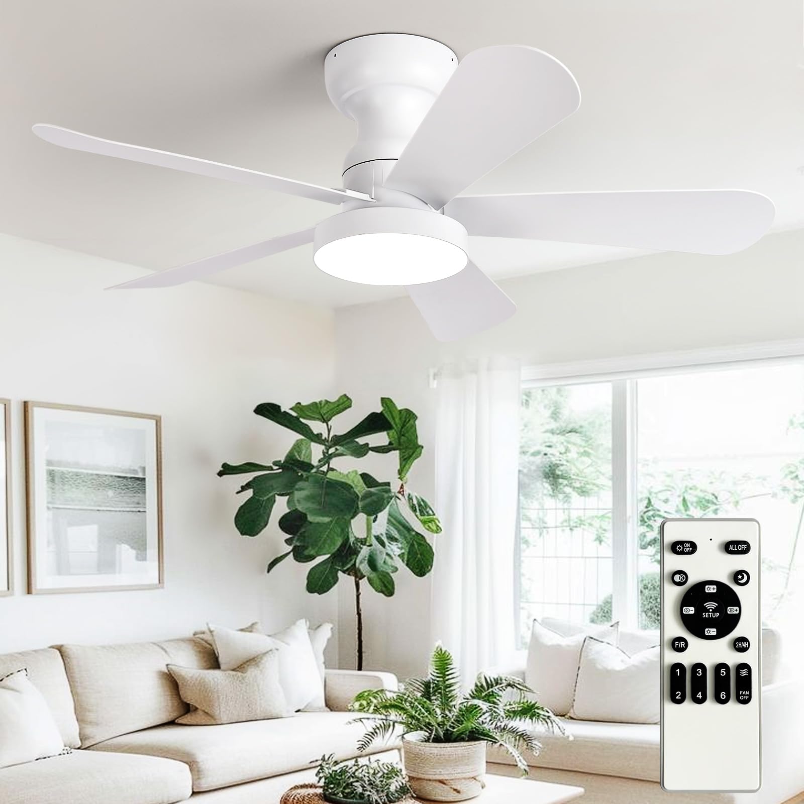 Depuley Small Ceiling Fan with Lights: 35-Inch Flush Mount Fan with Light and Remote - White Low Profile Ceiling Fans Reversible Quiet DC Motor for Bedroom Living Room Indoor Outdoor