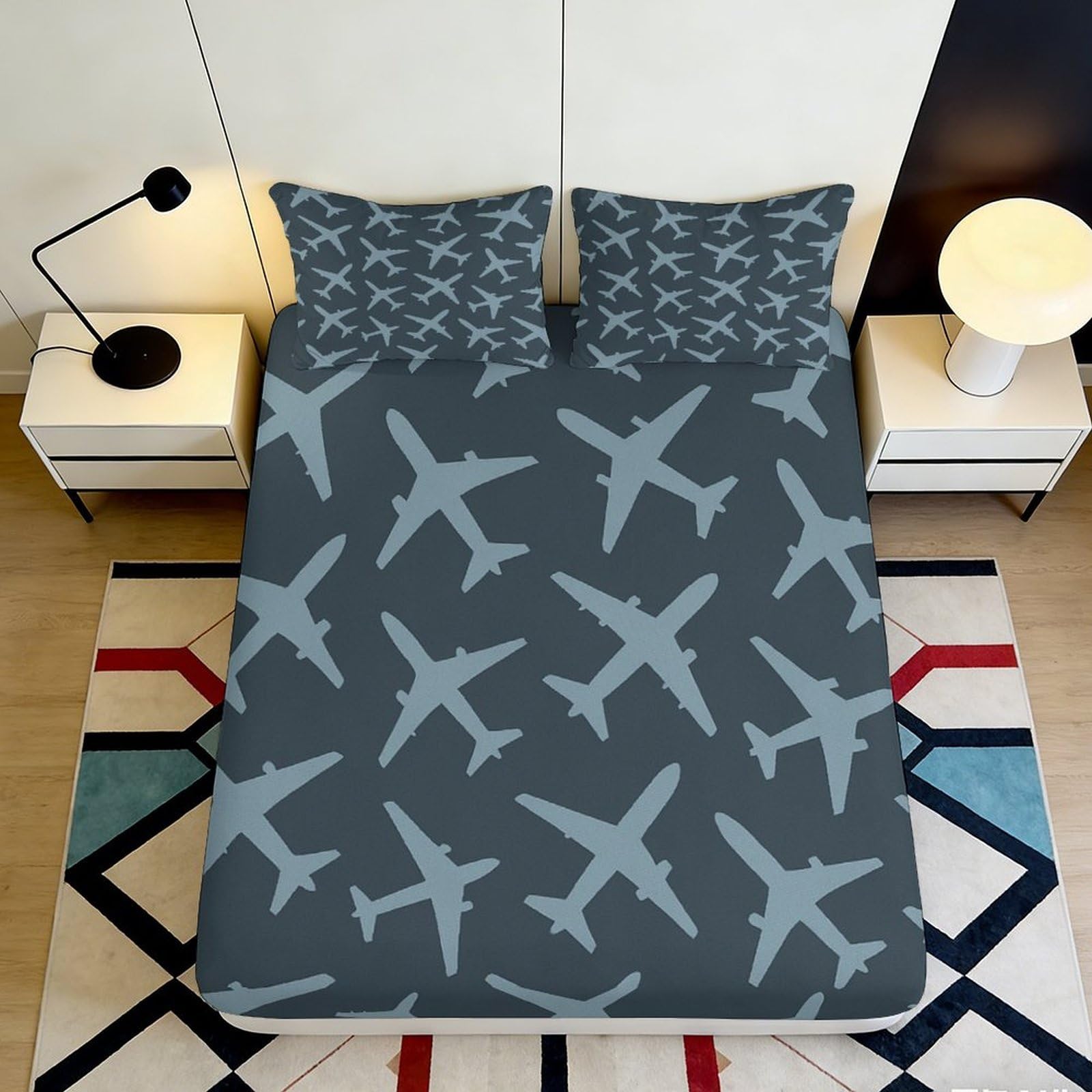 3D Printed Airplane Sky Fitted Sheet Microfiber Soft Dark Grey Plane Bed Cover for Bedroom Guest Room Decor Dust Protection 90x200x25cm
