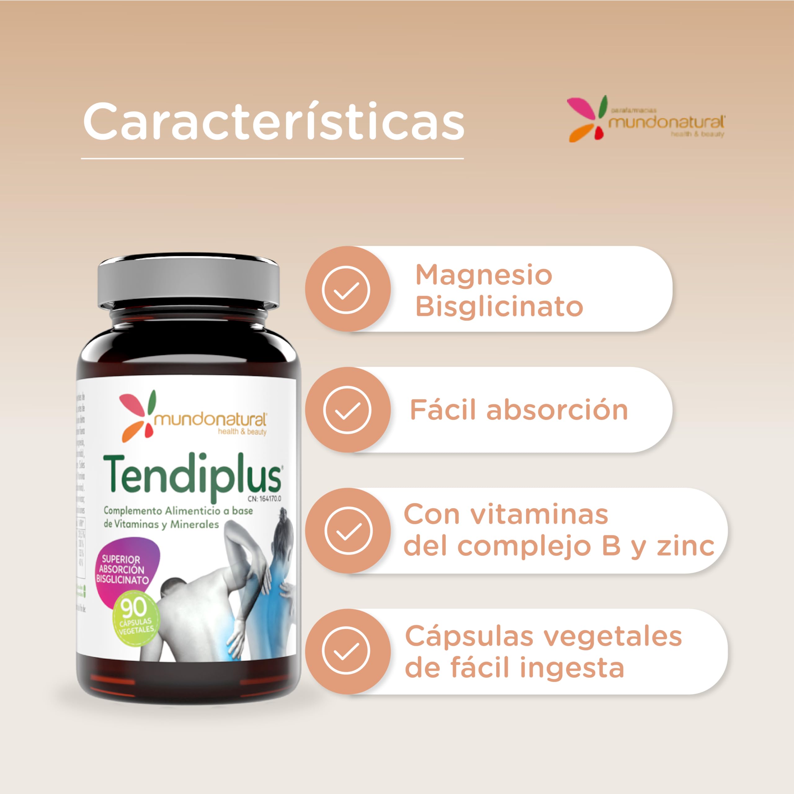 Mundo Natural - Tendiplus | Bisglicinato de magnesio 300 mg + Vitaminas complejo B + Zinc| Suplementos Magnesio, Vitaminas y Minerales