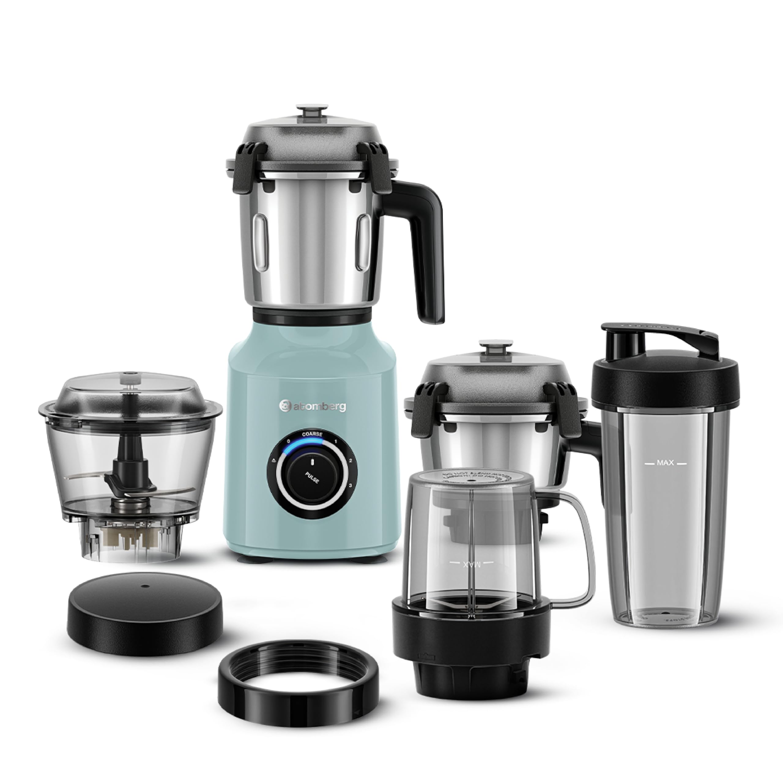 Atomberg Zenova Flex Blender Mixer Grinder | Coarse Mode for Silbatta-like Texture | Intelligent BLDC Motor | 5 Jars including Chopper, Blend & Carry Jars | Safety Features | Hands-Free (Misty Teal)-image-3