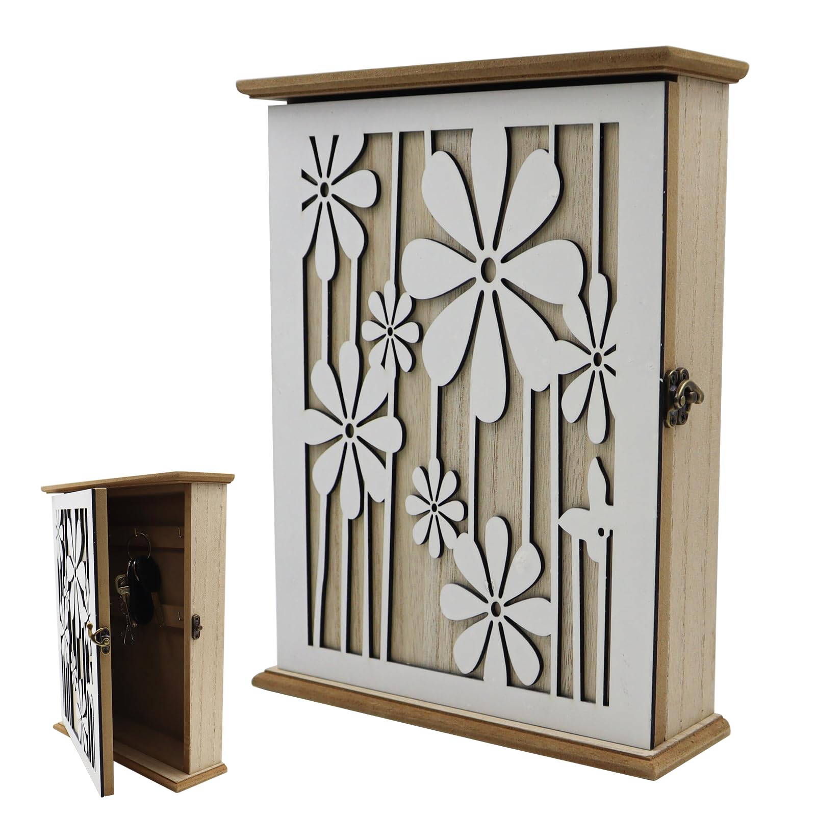 Cassetta Portachiàvi Da Parète in Legno,Elegant Daisy Portachiavi Da Parete,Cassettiera per Chiavi da Parete con 6 ganciper chiàvi per Corridoio D'ingresso Camera Da Letto (28.5x22x7cm)