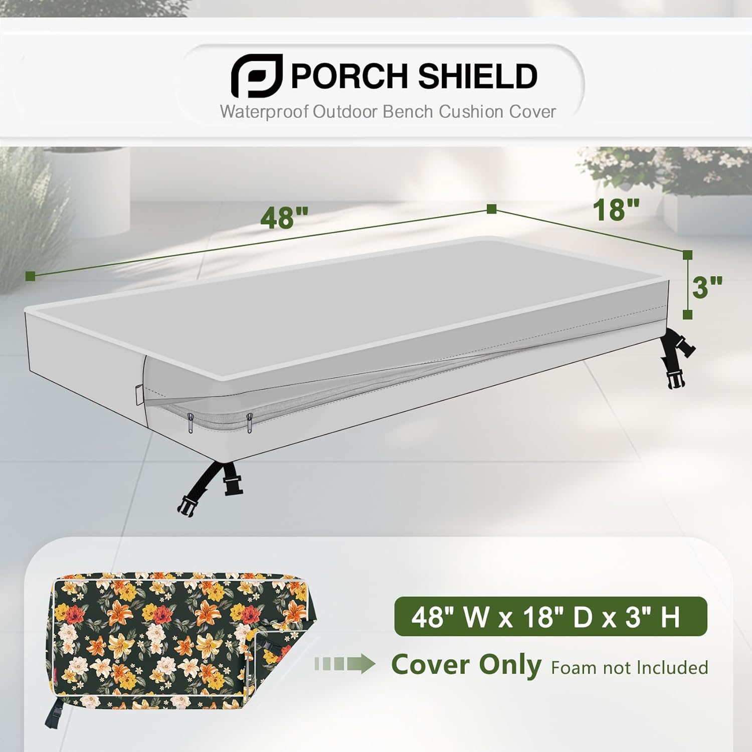 Porch Shield Outdoor Bench Cushion Cover – Waterproof Swing Cushion Cover for Patio Furniture Loveseat (Not Insert) Floral Black 48" W x 18" D x 3" H