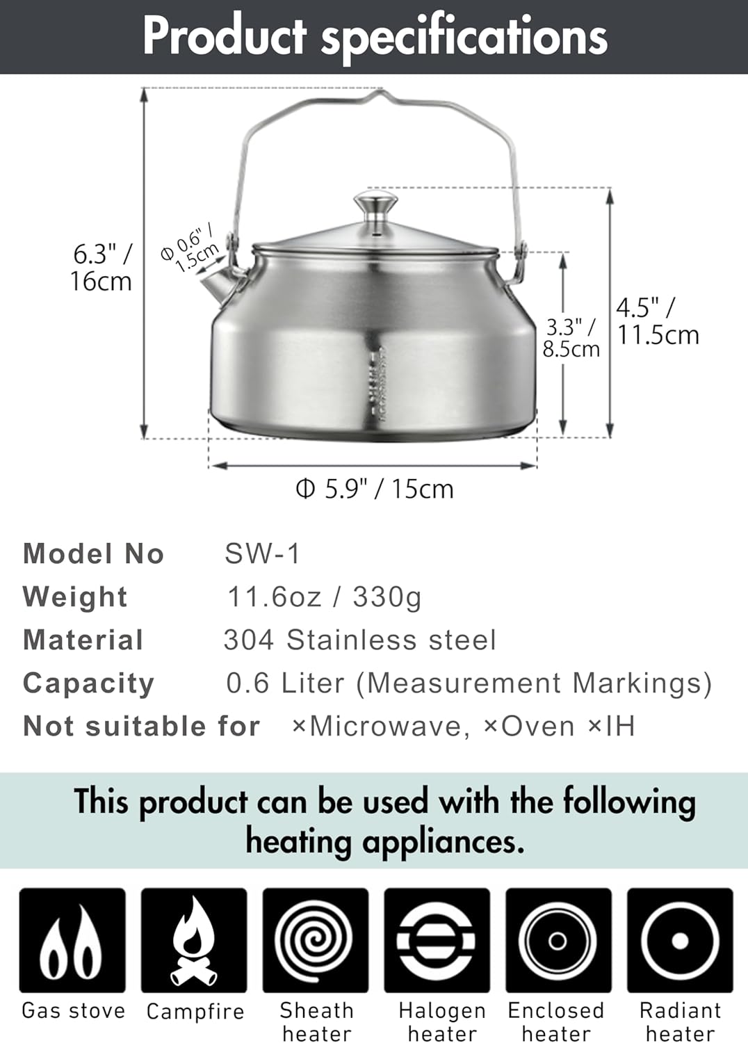 CAMPINGMOON 1L Campfire Kettle Seamless One-Piece Stainless Steel Wide Bottom Wide Spout Integrated Molding Camping Outdoor Water Boiler SW-1