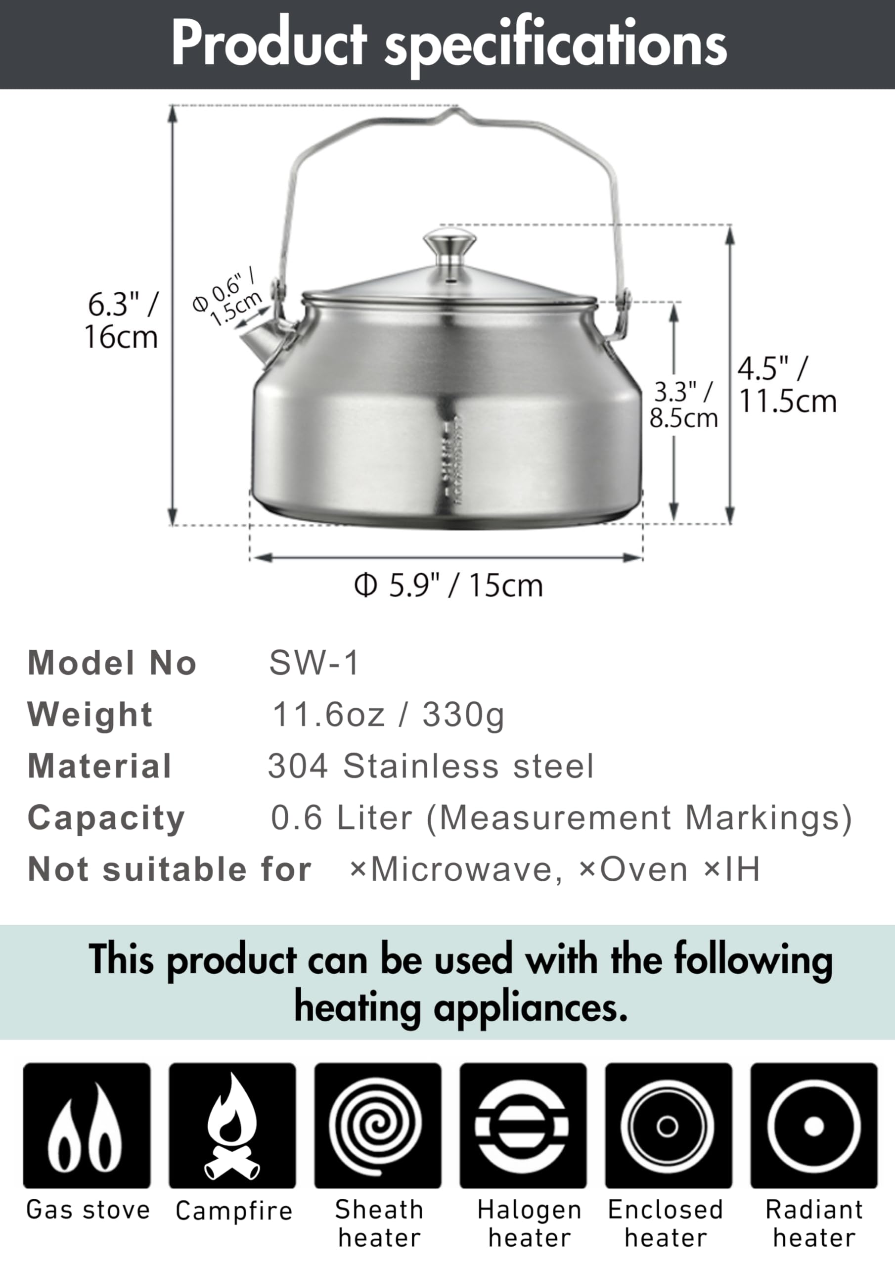 Campingmoon Bouilloire de camping portable en acier inoxydable pour camping, café, thé, bouilloire légère pour randonnée, pique-nique, pêche 1 L