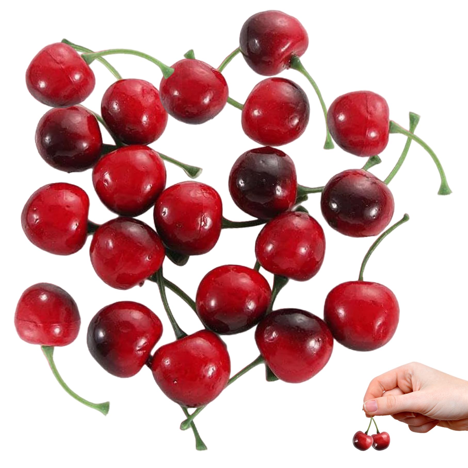 Vervevum 20Pcs Cherries, Realistic Stemmed Red Cherries Fruit, Artificial Cherry Model Cherry Decor for Home Kitchen Party Desk Ornament Photography Prop, Fruit