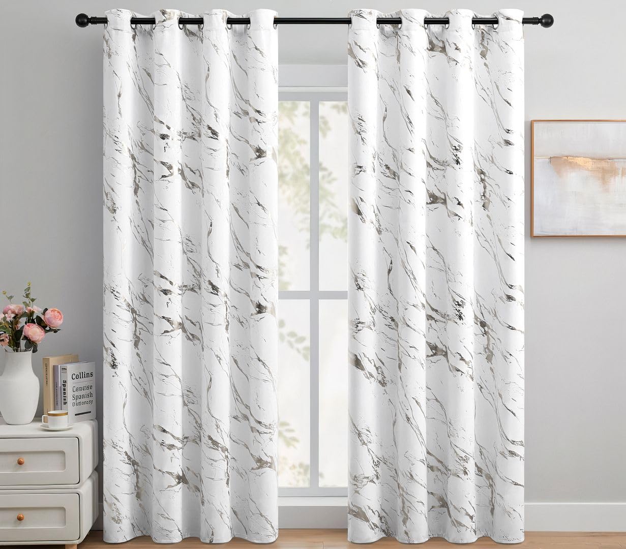 John Aird White Blackout Curtains Eyelet Silver Foil Marble Effect On Thermal Curtain (, 66" Width X 54" Drop)